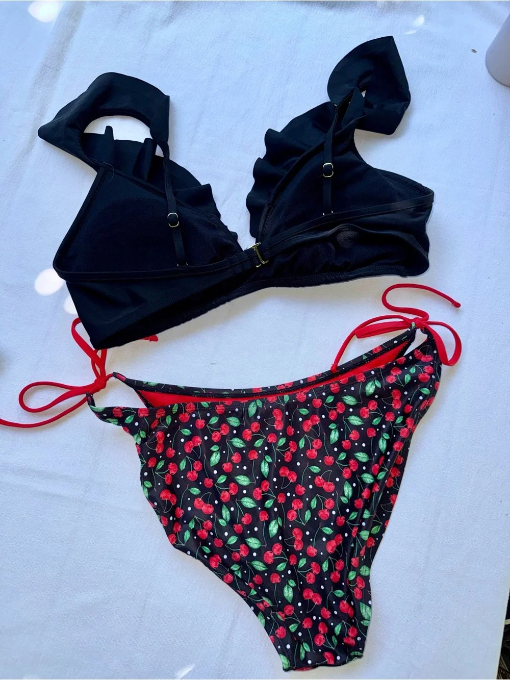 Size XL Black Ruffle Bikini Top with Cherry Print Tie-Side Bottoms